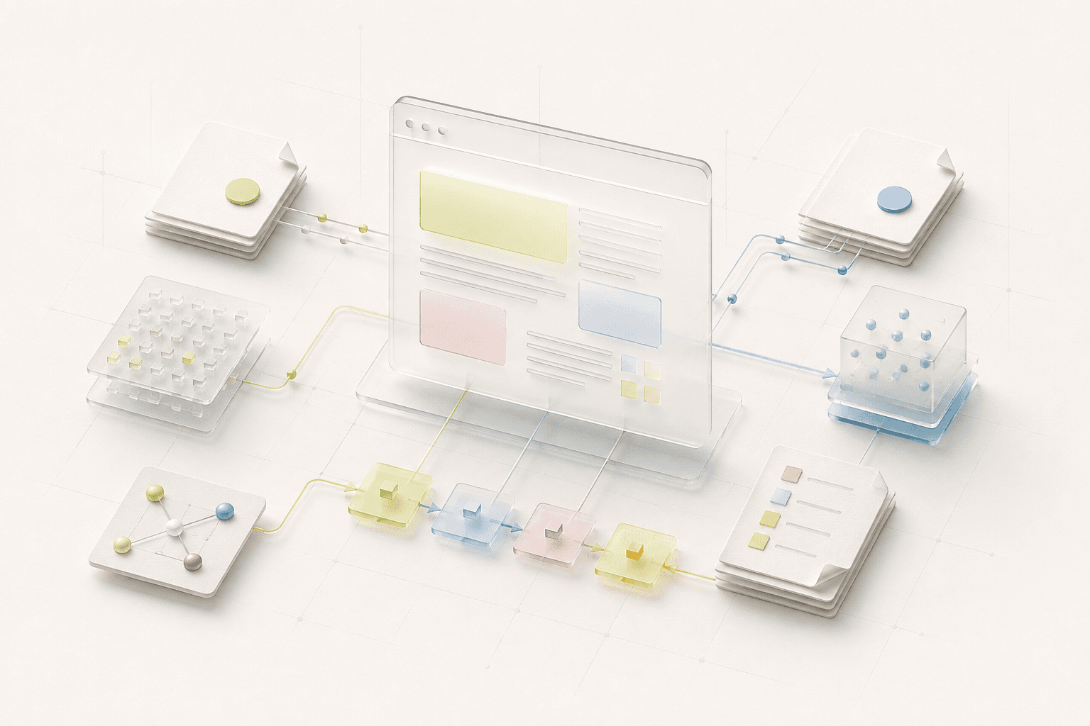 A translucent website connected to organized document pages, index nodes, and machine-readable paths