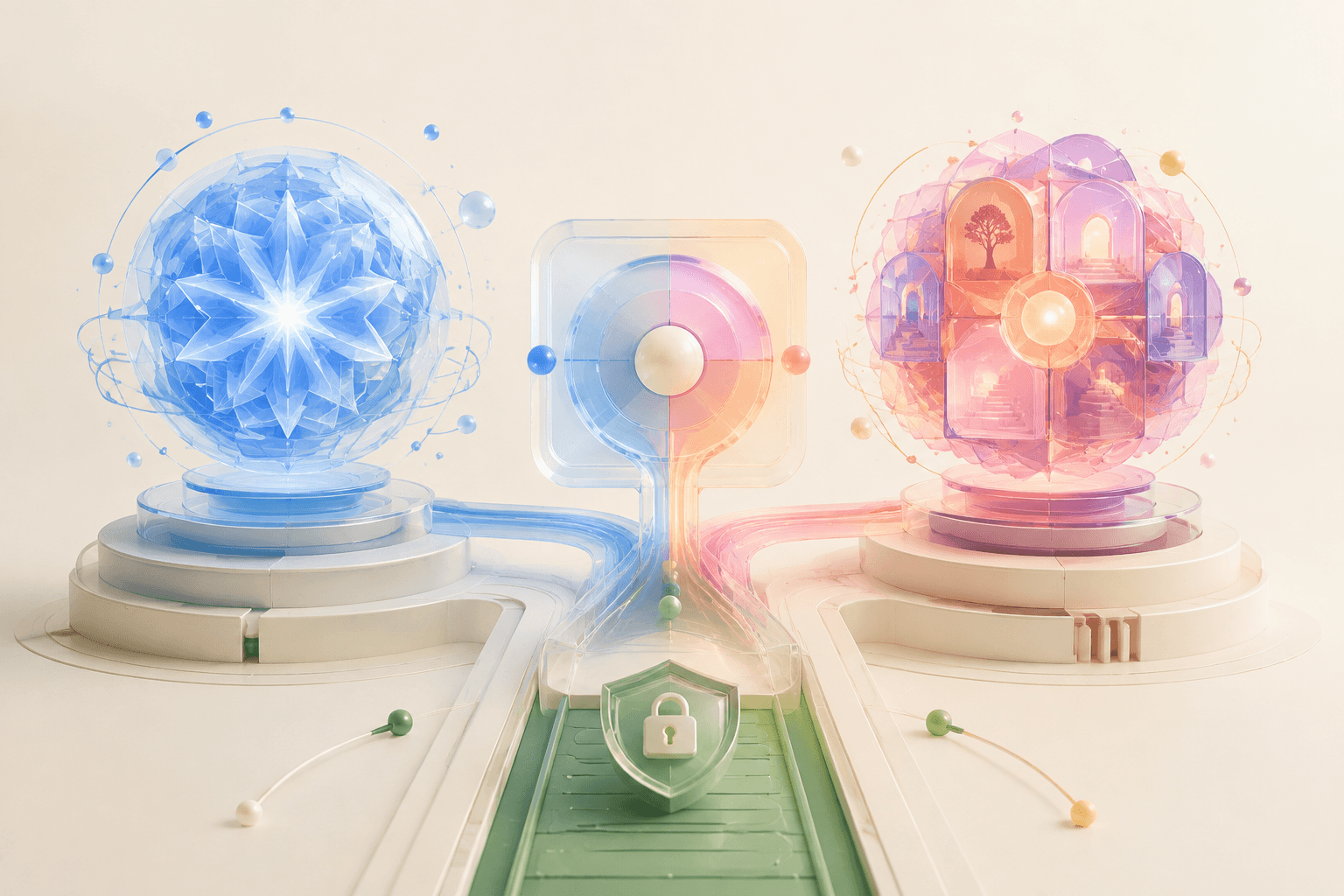 Two luminous model cores connected through one protected execution lane