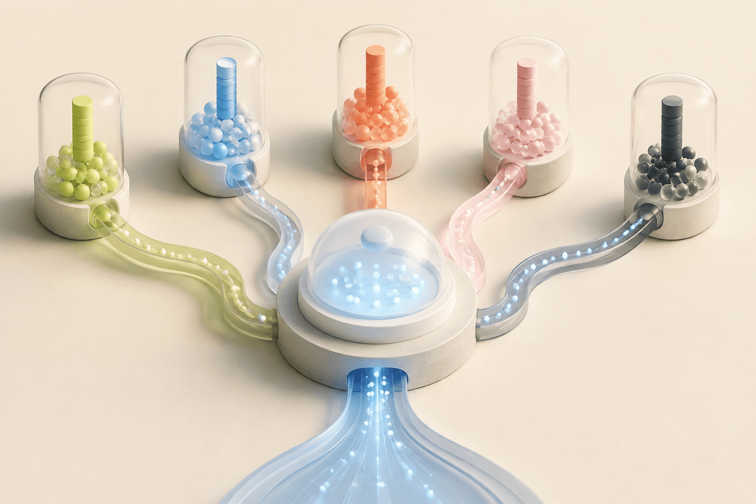 Colorful channels flowing into a central orchestration core