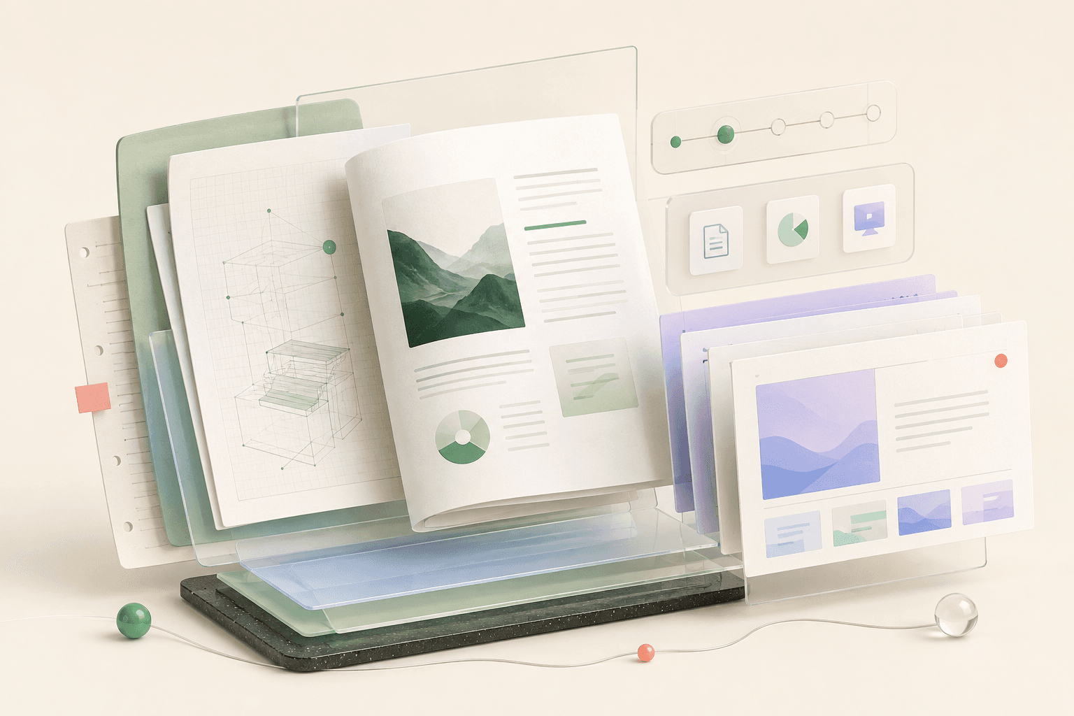 Layered documents and presentation slides organized on a translucent workspace