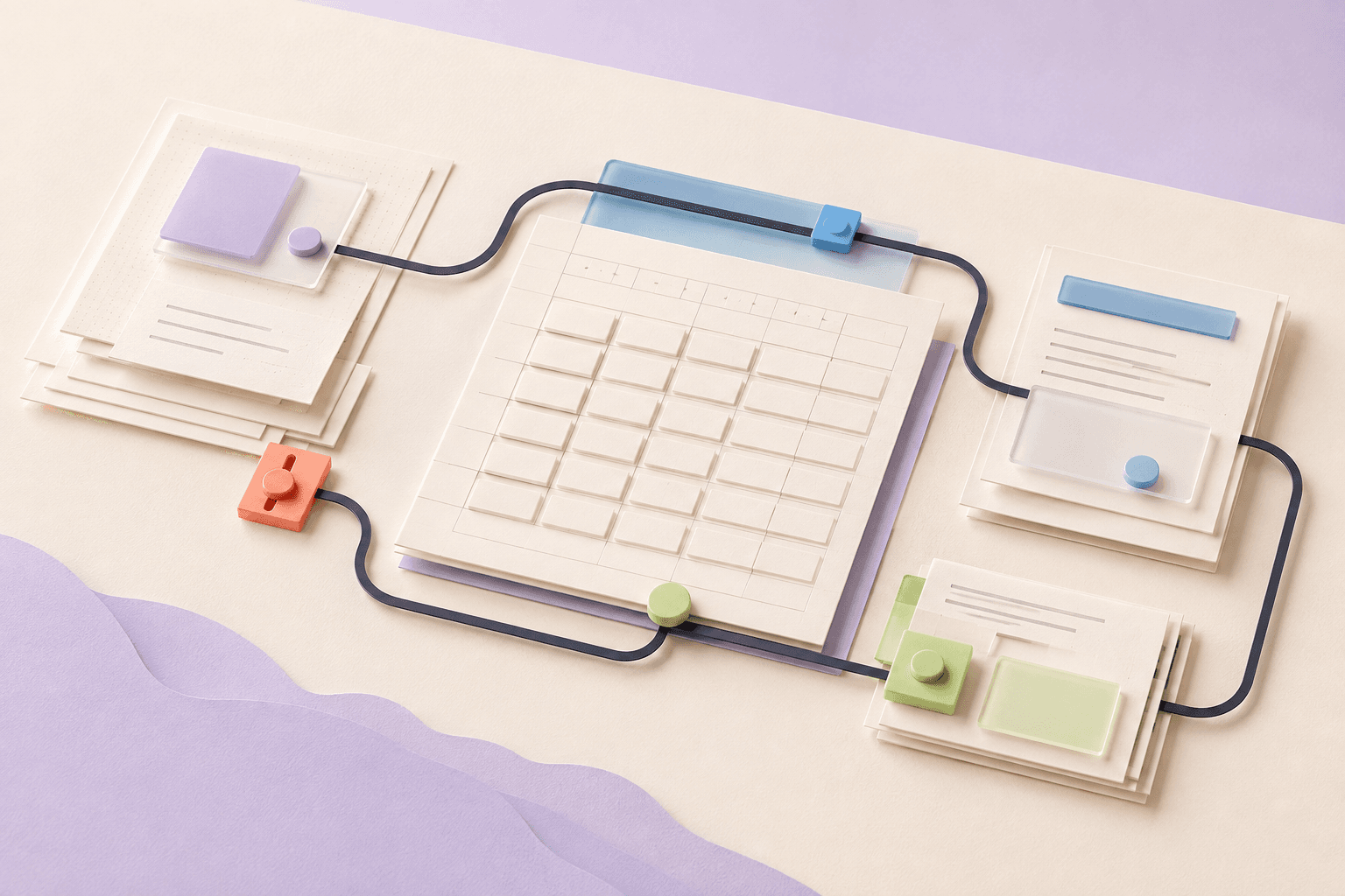 Editable sheets and document cards connected on a shared track