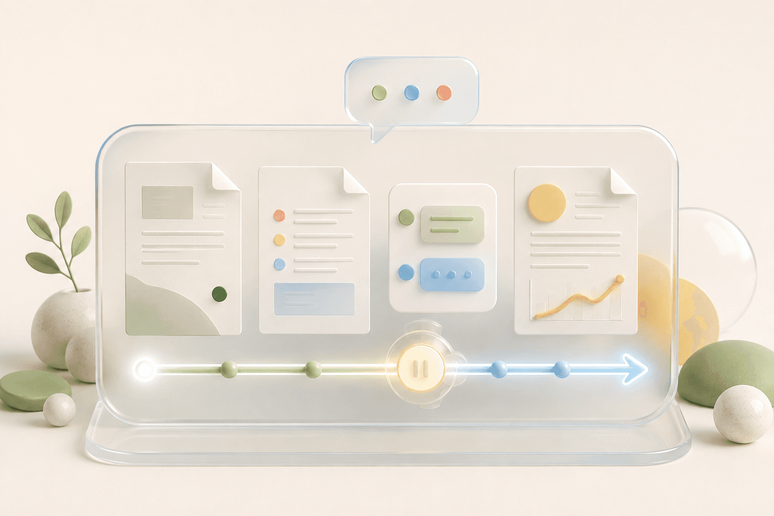 A translucent workspace containing documents, chat controls, and a resumable execution track