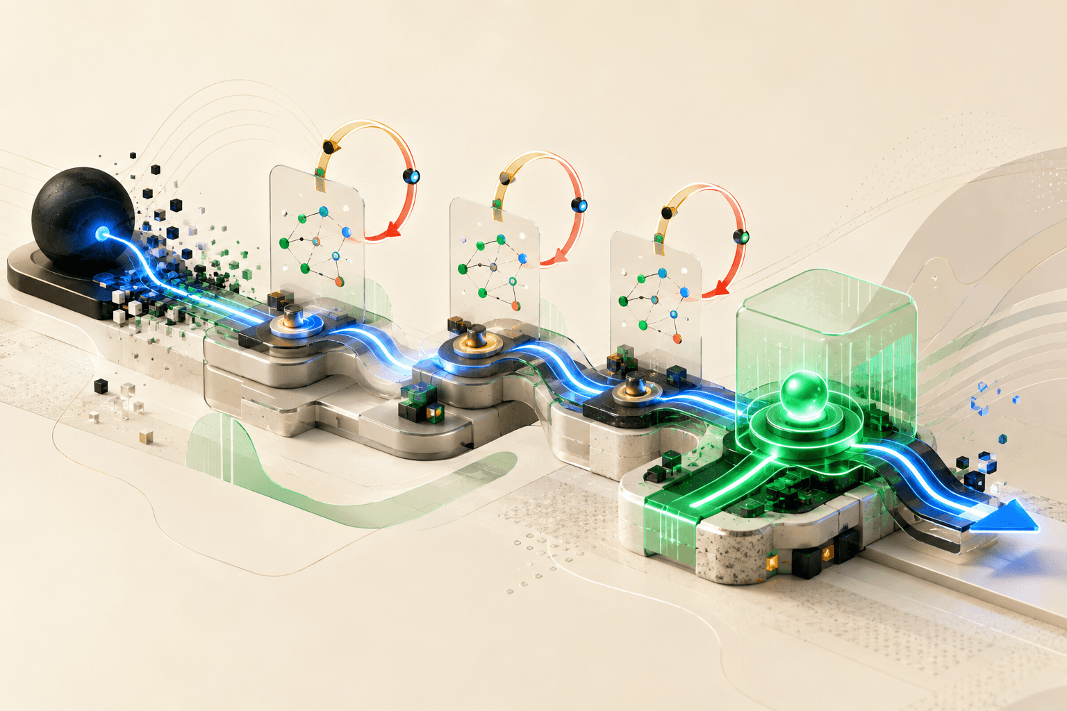 A luminous execution track moving through preserved checkpoints and review loops