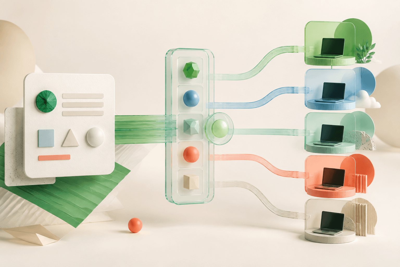 An abstract task brief flowing through one selector into several connected computers