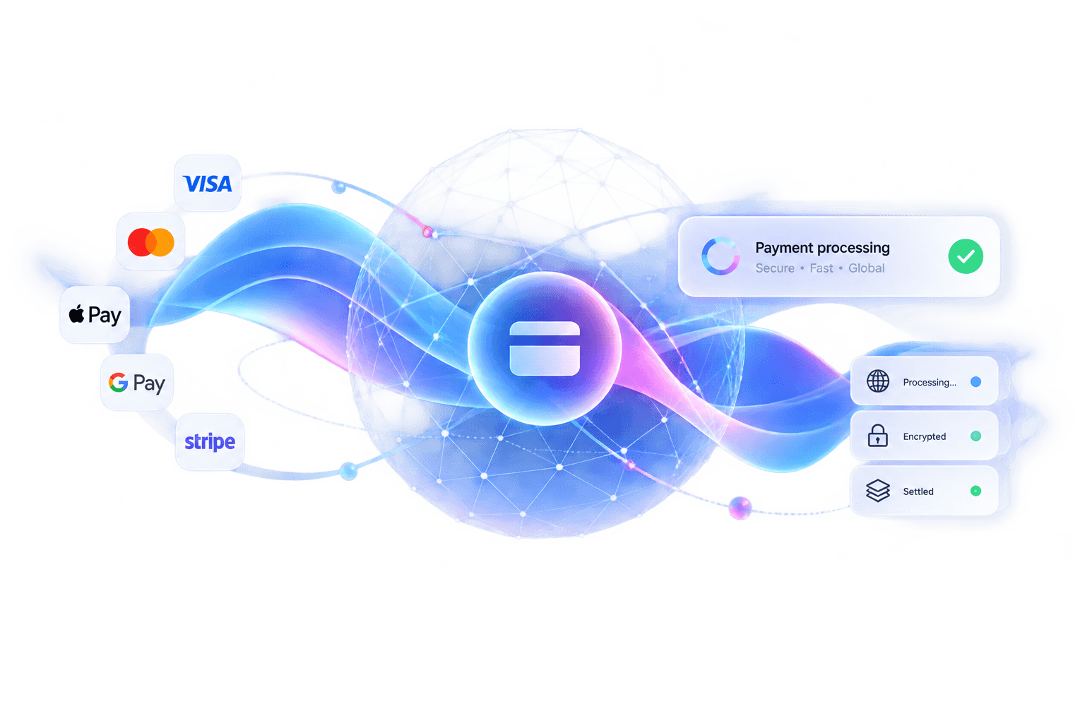 Global payment processing through Visa, Mastercard, Apple Pay, Google Pay, and Stripe